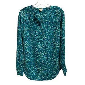 J. Crew Women's Button Front Blouse Top Size XS Blue Green Abstract Print Flowy